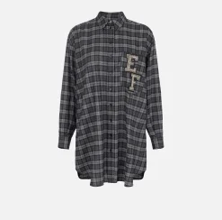 Mini Abiti|Abiti|Elisabetta Franchi Abito camicia in lana tartan con patch ricamato Steel