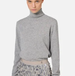 Mini Abiti|Abiti In Maglia|Elisabetta Franchi Abito dolcevita in lana con gonna ricamata Grigiomelange