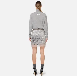 Mini Abiti|Abiti In Maglia|Elisabetta Franchi Abito dolcevita in lana con gonna ricamata Grigiomelange