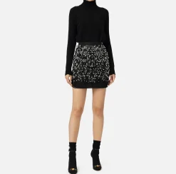 Mini Abiti|Abiti In Maglia|Elisabetta Franchi Abito dolcevita in lana con gonna ricamata Nero