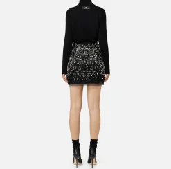 Mini Abiti|Abiti In Maglia|Elisabetta Franchi Abito dolcevita in lana con gonna ricamata Nero