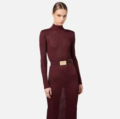 Abiti In Maglia|Abiti|Elisabetta Franchi Abito dolcevita in viscosa lucida a costine con cintura RougeNoir