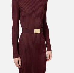 Abiti In Maglia|Abiti|Elisabetta Franchi Abito dolcevita in viscosa lucida a costine con cintura RougeNoir