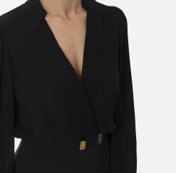 Red Carpet|Abiti|Elisabetta Franchi Abito lungo a camicia in crêpe con cintura Nero