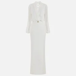 Red Carpet|Abiti|Elisabetta Franchi Abito lungo a camicia in crêpe con cintura Avorio