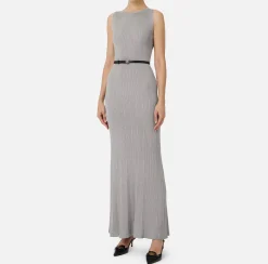 Abiti In Maglia|Abiti|Elisabetta Franchi Abito lungo in viscosa a costina plissé Silver