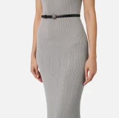 Abiti In Maglia|Abiti|Elisabetta Franchi Abito lungo in viscosa a costina plissé Silver