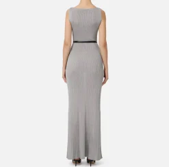 Abiti In Maglia|Abiti|Elisabetta Franchi Abito lungo in viscosa a costina plissé Silver