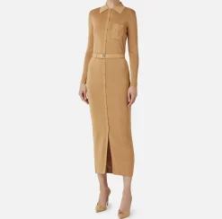 Abiti In Maglia|Abiti|Elisabetta Franchi Abito lungo in viscosa lucida con ricamo logo e cintura Bronze