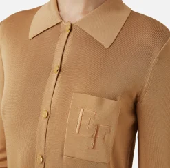 Abiti In Maglia|Abiti|Elisabetta Franchi Abito lungo in viscosa lucida con ricamo logo e cintura Bronze