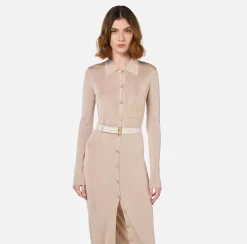 Abiti In Maglia|Abiti|Elisabetta Franchi Abito lungo in viscosa lucida con ricamo logo e cintura Lattice