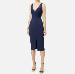 Abiti Midi|Abiti Tubino|Elisabetta Franchi Abito midi con top bustier in tulle e crêpe Navy