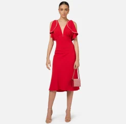 Abiti Midi|Abiti|Elisabetta Franchi Abito midi in crêpe fluido con maniche ad aletta RedPassion/PeachRose