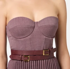 Abiti Midi|Abiti|Elisabetta Franchi Abito midi in fresco lana mélange con gonna plissé e cintura RougeNoir