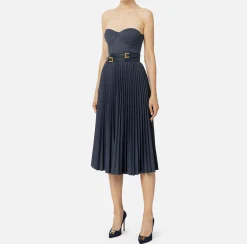 Abiti Midi|Abiti|Elisabetta Franchi Abito midi in fresco lana mélange con gonna plissé e cintura Navy