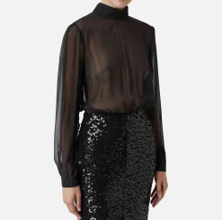 Abiti Midi|Abiti|Elisabetta Franchi Abito midi in georgette di seta ricamata con paillettes Nero