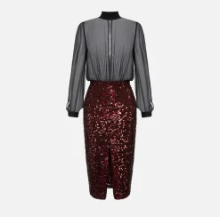 Abiti Midi|Abiti|Elisabetta Franchi Abito midi in georgette di seta ricamata con paillettes Nero/RougeNoir