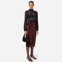 Abiti Midi|Abiti|Elisabetta Franchi Abito midi in georgette di seta ricamata con paillettes Nero/RougeNoir