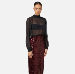Abiti Midi|Abiti|Elisabetta Franchi Abito midi in georgette di seta ricamata con paillettes Nero/RougeNoir