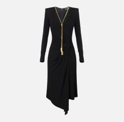 Abiti Midi|Abiti|Elisabetta Franchi Abito midi in jersey drappeggiato con collana Nero