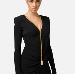 Abiti Midi|Abiti|Elisabetta Franchi Abito midi in jersey drappeggiato con collana Nero