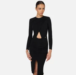 Abiti Midi|Abiti|Elisabetta Franchi Abito midi in jersey lucido con drappeggio Nero