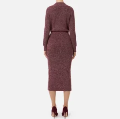 Abiti Midi|Abiti In Maglia|Elisabetta Franchi Abito midi in lana mouliné con patch logo RougeNoir/PowderPink