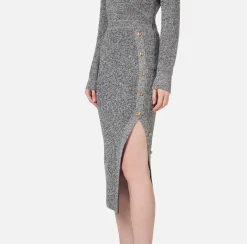 Abiti Midi|Abiti In Maglia|Elisabetta Franchi Abito midi in lana mouliné con patch logo Nero/Burro