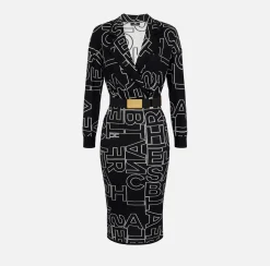 Abiti Midi|Abiti In Maglia|Elisabetta Franchi Abito midi in misto lana lettering Nero/Burro