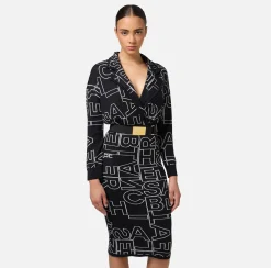 Abiti Midi|Abiti In Maglia|Elisabetta Franchi Abito midi in misto lana lettering Nero/Burro