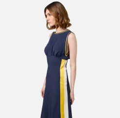 Abiti Midi|Abiti|Elisabetta Franchi Abito midi in satin con bande Navy/Mimosa/Burro