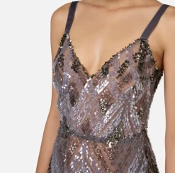 Abiti Red Carpet|Abiti Midi|Elisabetta Franchi Abito midi in tulle con ricamo paillettes chevron Steel