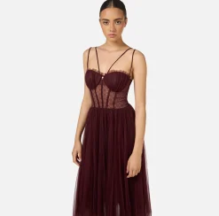 Abiti Midi|Abiti|Elisabetta Franchi Abito midi in tulle plissettato RougeNoir