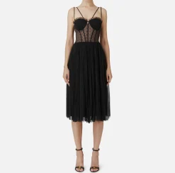 Abiti Midi|Abiti|Elisabetta Franchi Abito midi in tulle plissettato Nero