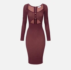 Abiti Midi|Abiti In Maglia|Elisabetta Franchi Abito midi in viscosa a costine con cut-out RougeNoir/Blush