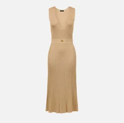 Abiti Midi|Abiti In Maglia|Elisabetta Franchi Abito midi in viscosa a costina plissé Crema