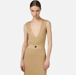 Abiti Midi|Abiti In Maglia|Elisabetta Franchi Abito midi in viscosa a costina plissé Crema
