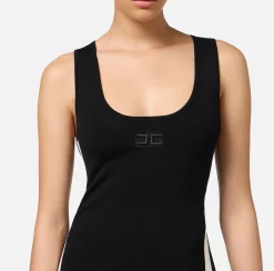 Abiti Tubino|Abiti Midi|Elisabetta Franchi Abito midi in viscosa con bande logo Nero/Burro