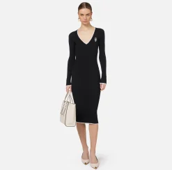 Abiti Midi|Abiti In Maglia|Elisabetta Franchi Abito midi in viscosa con logo a contrasto Nero/Burro
