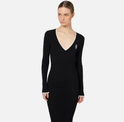 Abiti Midi|Abiti In Maglia|Elisabetta Franchi Abito midi in viscosa con logo a contrasto Nero/Burro