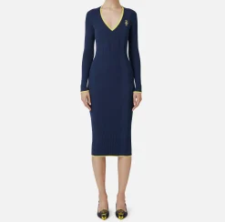 Abiti Midi|Abiti In Maglia|Elisabetta Franchi Abito midi in viscosa con logo a contrasto Navy/Mimosa