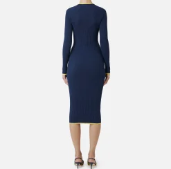 Abiti Midi|Abiti In Maglia|Elisabetta Franchi Abito midi in viscosa con logo a contrasto Navy/Mimosa
