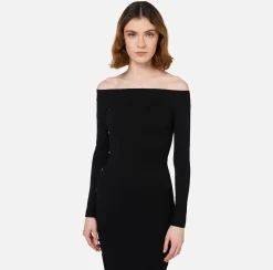 Abiti Midi|Abiti In Maglia|Elisabetta Franchi Abito midi in viscosa con bottoni sullo spacco Nero