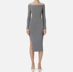 Abiti Midi|Abiti In Maglia|Elisabetta Franchi Abito midi in viscosa con bottoni sullo spacco Steel