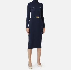 Abiti Midi|Abiti In Maglia|Elisabetta Franchi Abito midi in viscosa e seta a costine con ricamo logo Navy