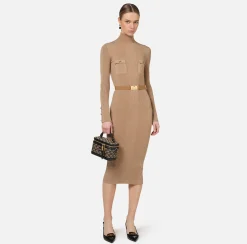 Abiti Midi|Abiti In Maglia|Elisabetta Franchi Abito midi in viscosa e seta a costine con ricamo logo Camel