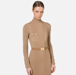 Abiti Midi|Abiti In Maglia|Elisabetta Franchi Abito midi in viscosa e seta a costine con ricamo logo Camel