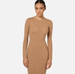 Abiti|Abiti Midi|Elisabetta Franchi Abito midi in viscosa logo punto rete Camel