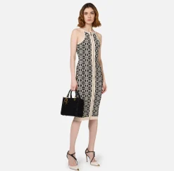 Abiti|Abiti Midi|Elisabetta Franchi Abito midi logo jacquard Nero/Burro