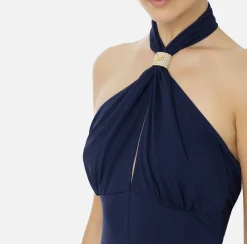 Abiti Red Carpet|Red Carpet|Elisabetta Franchi Abito red carpet in jersey con drappeggio e placca logo Navy